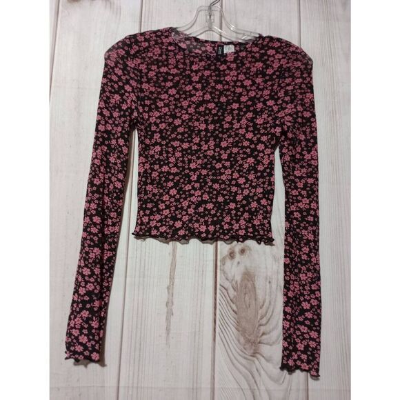 Divided Shirt Ladies‎ Extra Small Black Pink Floral Mesh Sheer Ruffle - Picture 1 of 9